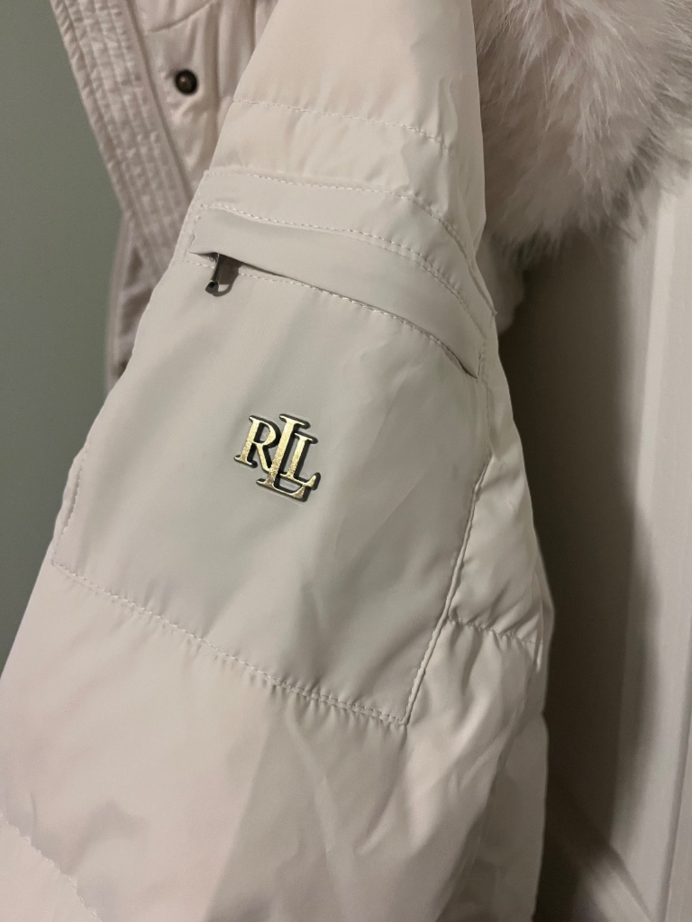 Lauren Ralph Lauren Cream Down Puffer Coat W/ Detachable Fur Hood Women’s Large - Picture 2 of 4